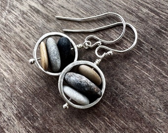 Beach stone earrings, stacked beach pebble earrings, nature lovers gift, natural stone jewelry, unique handmade silver cairn stone earrings