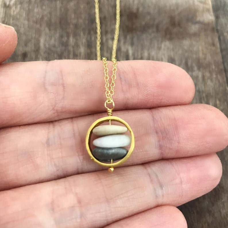 3 Stacked beach stone necklace, rock necklace, natural jewelry, gold beach pebble pendant, cairn necklace, raw stone necklace, gift for her image 2