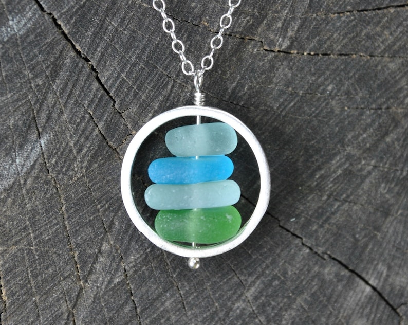 Genuine Sea Glass Necklace Sterling Silver, Sea Glass Jewelry, Circle Necklace Green Blue Handmade Jewelry Unique Gift For Women Friend Gift image 9