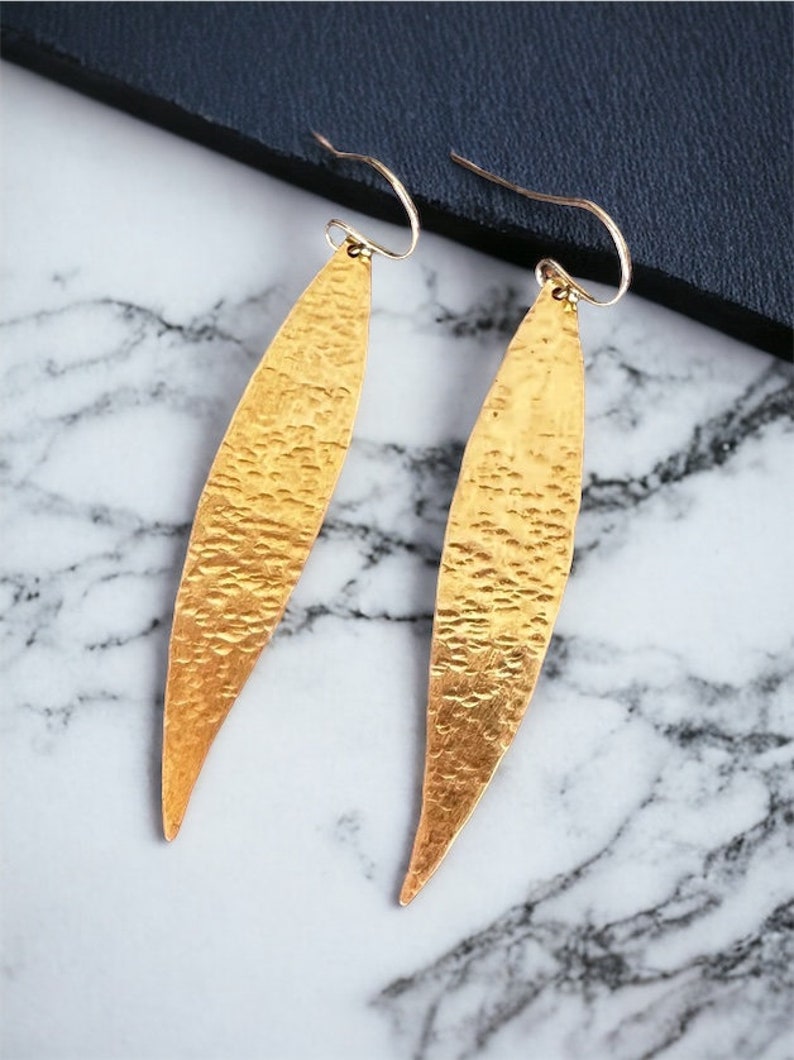 Olive leaf earrings, hammered gold dangle earrings, handmade brass lightweight earrings made in Greece, statement boho earrings gift for her image 3