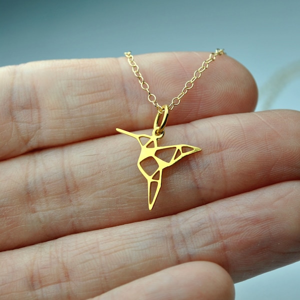 Dainty bird necklace, Delicate hummingbird necklace on 14k gold fill chain, Layering necklace gold, Minimalist geometric jewelry, Wife gift