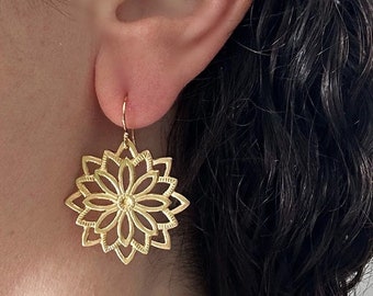 Golden mandala earrings, gold dangle earrings, boho earrings for everyday wear, ethnic jewelry, flower bohemian earrings, gift for women