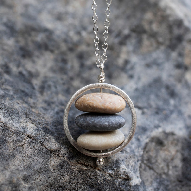 Beach stone necklace, Sterling silver, Stacked raw stone necklace, Cairn necklace, Beach pebble pendant, Natural jewelry, Gift for her image 2