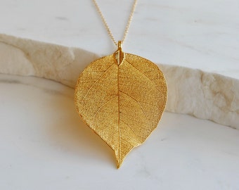 Collier véritable feuille d'or Collier long feuille, cadeau pour femme, bijoux naturels faits main, collier bohème, pendentif feuille, cadeaux uniques pour elle