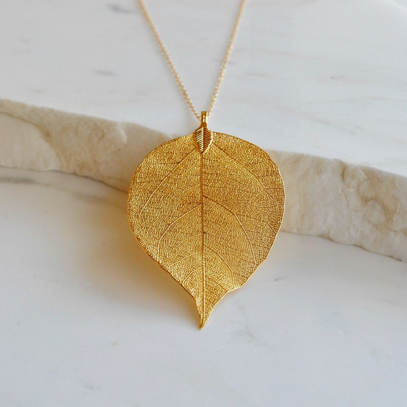 Real leaf necklace Gold Long leaf necklace, gift for women, natural handmade jewelry, boho necklace, leaf pendant, Mothers days gift for her image 1