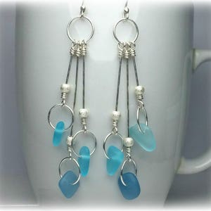 Sea glass earrings, Sterling silver, Blue long dangle earrings Drop statement earrings for women, Turquoise, Summer jewelry, gift for her