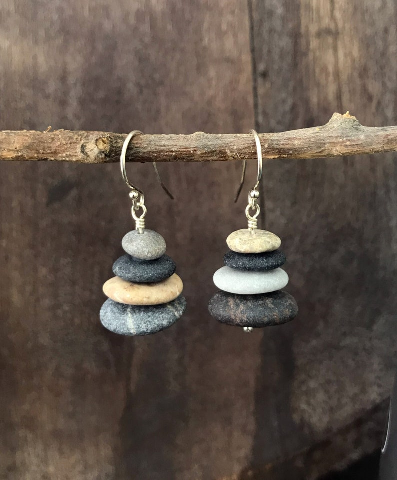 4 Stacked beach stone earrings, Sterling silver 925, Raw beach pebble earrings, Dangle cairn earrings, Natural stone jewelry, Boho earrings image 4