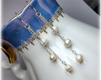 Pearl earrings sterling silver, Trio freshwater pearl earrings, Bridesmaid gift, Pearl drop earrings, Bridal jewelry, Mother gift for women