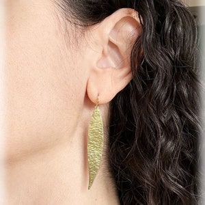 Olive leaf earrings, hammered gold dangle earrings, handmade brass lightweight earrings made in Greece, statement boho earrings gift for her image 2