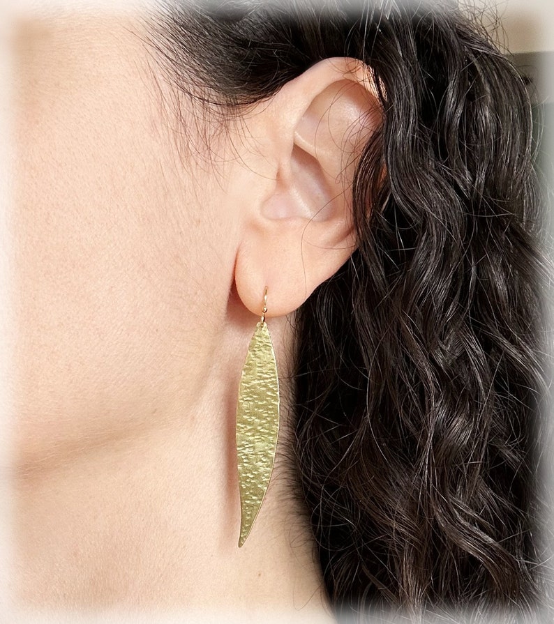 Olive leaf earrings, hammered gold dangle earrings, handmade brass lightweight earrings made in Greece, statement boho earrings gift for her image 2