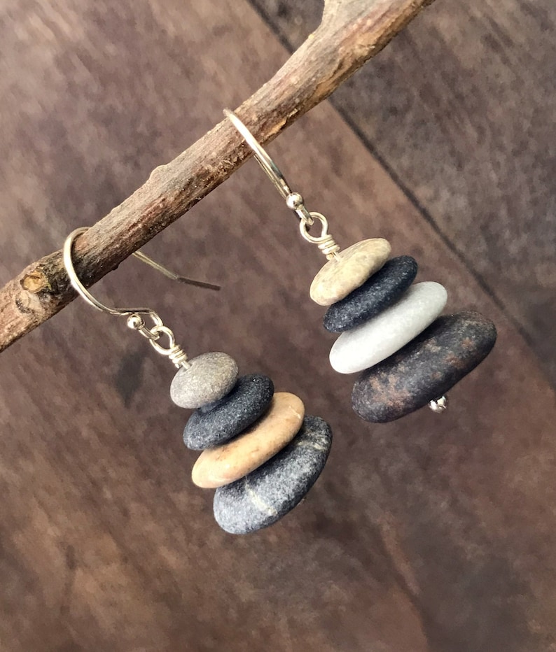 4 Stacked beach stone earrings, Sterling silver 925, Raw beach pebble earrings, Dangle cairn earrings, Natural stone jewelry, Boho earrings image 8