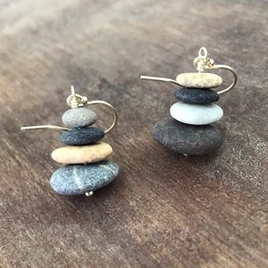 4 Stacked beach stone earrings, Sterling silver 925, Raw beach pebble earrings, Dangle cairn earrings, Natural stone jewelry, Boho earrings image 6