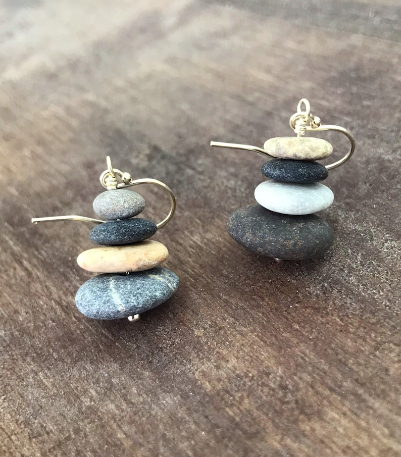 4 Stacked beach stone earrings, Sterling silver 925, Raw beach pebble earrings, Dangle cairn earrings, Natural stone jewelry, Boho earrings image 6