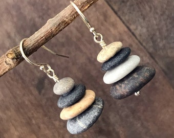 4 Stacked beach stone earrings, Sterling silver 925, Raw beach pebble earrings, Dangle cairn earrings, Natural stone jewelry, Boho earrings