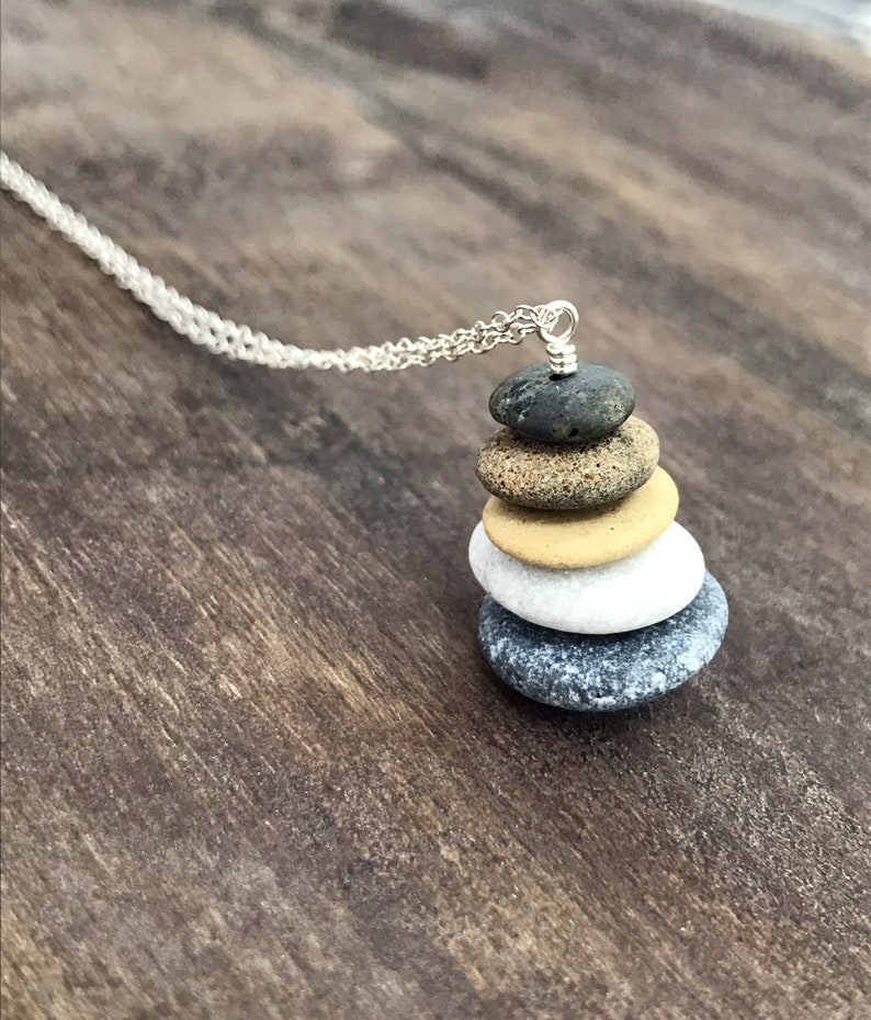 Beach stone necklace, sterling silver, cairn necklace, stacked raw stones, beach pebble pendant, boho necklace, natural jewelry gift for her image 2