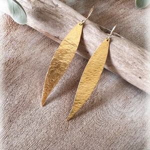 Olive leaf earrings, hammered gold dangle earrings, handmade brass lightweight earrings made in Greece, statement boho earrings gift for her image 9