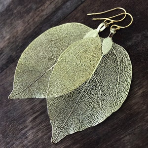 Real leaf earrings, 24K Gold leaf earrings dangle, Boho earrings, Gold drop earrings, Statement earrings, Veined leaves, Unique gift for her image 5