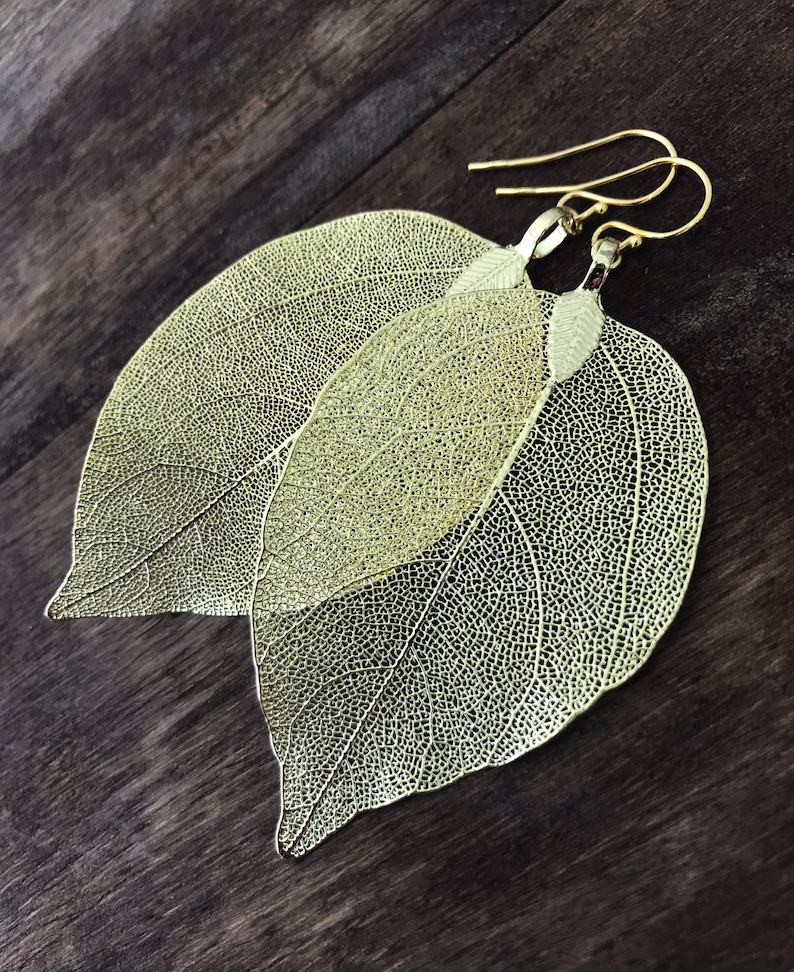 Real leaf earrings, 24K Gold leaf earrings dangle, Boho earrings, Gold drop earrings, Statement earrings, Veined leaves, Unique gift for her image 5