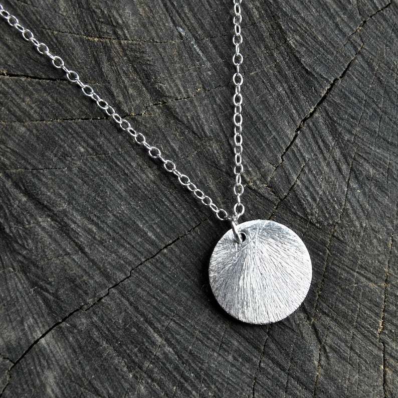 Full moon disc necklace, sterling silver, brushed disc pendant necklace, womens layering necklace, Minimalist jewelry, best gift for her zdjęcie 4