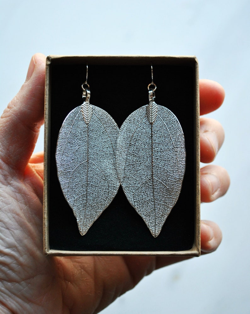 Real leaf earrings, Silver leaf earrings dangle, Statement earrings, Boho Bridal earrings, Natural Jewelry, gift for women, gift for her image 3
