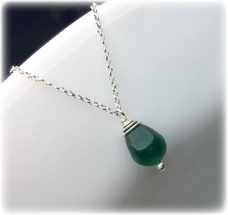 Forest Green Jade Necklace for Women, Green Drop Necklace, Delicate Sterling Silver Chain, Jade Pendant Jade Jewelry Mother Day Gift for her image 2