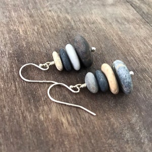 4 Stacked beach stone earrings, Sterling silver 925, Raw beach pebble earrings, Dangle cairn earrings, Natural stone jewelry, Boho earrings image 3