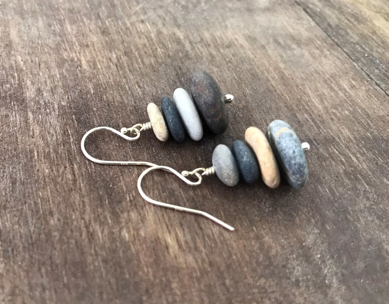 4 Stacked beach stone earrings, Sterling silver 925, Raw beach pebble earrings, Dangle cairn earrings, Natural stone jewelry, Boho earrings image 3