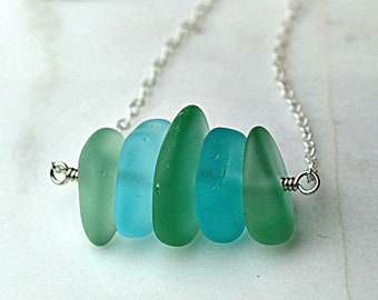 Sea glass necklace, sterling silver sea glass jewelry, green blue beach glass necklace for women, nature inspired necklace, gift for her
