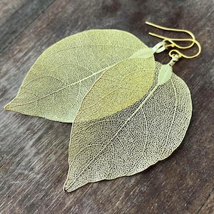 Real Leaf Earrings Gold Leaf Earrings Dangle Boho Earrings Gold Drop Earrings Statement Earrings Veined Leaves Unique Gift for Her