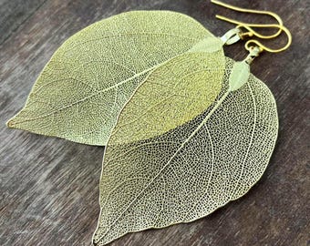 Real Leaf Earrings Gold Leaf Earrings Dangle Boho Earrings Gold Drop Earrings Statement Earrings Veined Leaves Unique Gift for Her