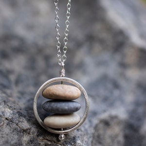 Beach stone necklace, Sterling silver, Stacked raw stone necklace, Cairn necklace, Beach pebble pendant, Natural jewelry, Gift for her image 4