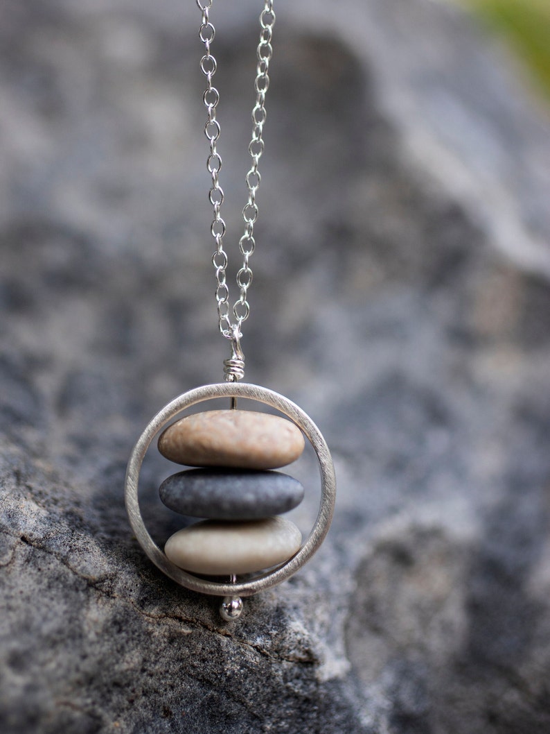 Beach stone necklace, Sterling silver, Stacked raw stone necklace, Cairn necklace, Beach pebble pendant, Natural jewelry, Gift for her image 4