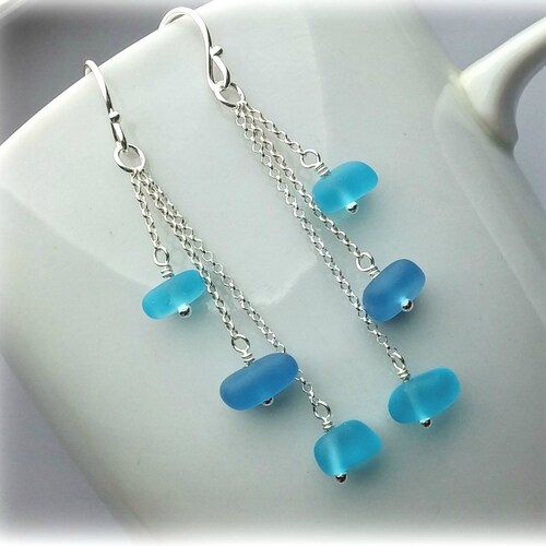 Sea Glass Earrings Sterling Silver Blue Long Dangle Earrings - Etsy