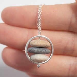 Beach stone necklace, Sterling silver, Stacked raw stone necklace, Cairn necklace, Beach pebble pendant, Natural jewelry, Gift for her image 3