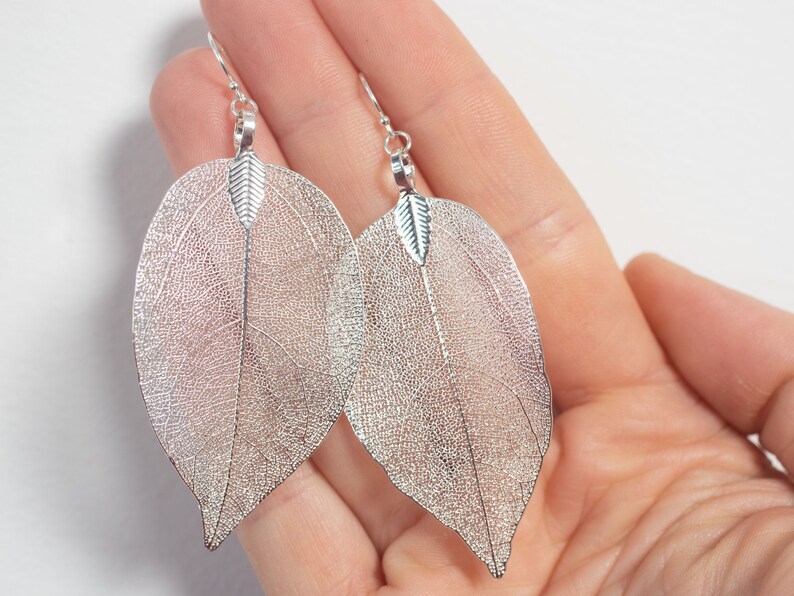 Real leaf earrings, Silver leaf earrings dangle, Statement earrings, Boho Bridal earrings, Natural Jewelry, gift for women, gift for her image 5