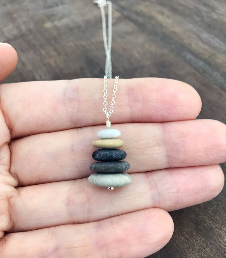 Beach stone necklace, sterling silver, cairn necklace, stacked raw stones, beach pebble pendant, boho necklace, natural jewelry gift for her image 3