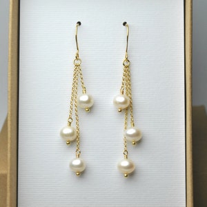 Real pearl earrings, gold dangle earrings, wedding pearl jewelry, freshwater pearl drop earrings, gift for women, gift for her KE722
