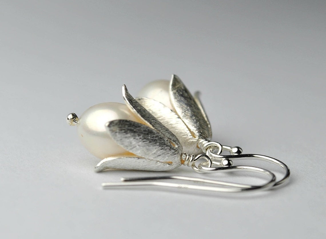Flower Lily Pearl Earrings in Sterling Silver Pearl Drop Etsy