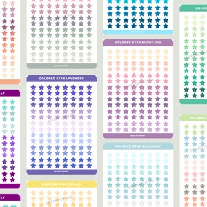 Op de afbeelding: Een set van tien bedrukbare stickerbladen met kleurrijke sterontwerpen. Elk blad heeft een andere kleurverloop, waaronder lavendel, geel, zonnige dag, stranddag en meer. De bladen zijn gelabeld met de naam van de kleurverloop en de tekst "@KESSSTICKERS".