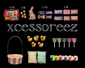 Dollhouse Miniature EASTER Basket Accessories: Eggs, Chocolate Bunny, Asst Candies, Baskets, Iridescent Green Grass & Ducks.