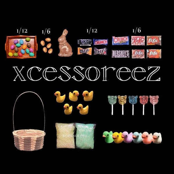 Dollhouse Miniature EASTER Basket Accessories: Eggs, Chocolate Bunny, Asst Candies, Baskets, Iridescent Green Grass & Ducks.