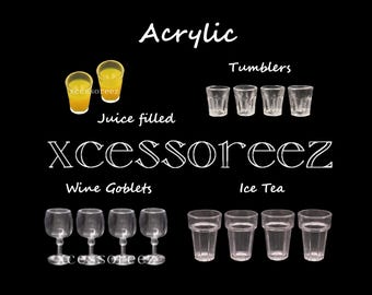 Dollhouse Miniature Acrylic S/2 Orange Juice, S/4 Tumblers, S/4 Wine Goblets, S/4 Tall Ice Tea.