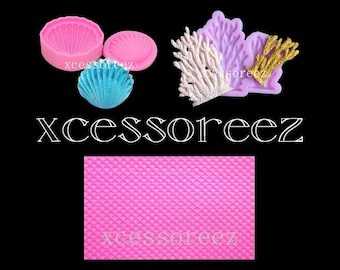 Ocean #3 Food Grade Silicone Molds: 3D Clam Shell, Coral, Mermaid Scales Mat for Fondant, Gumpaste, Chocolate, casting crafts