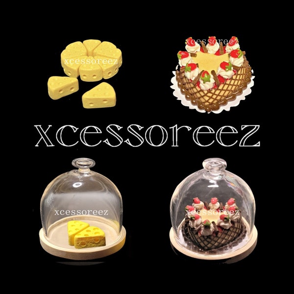 Dollhouse Miniature Cheese Wedges, Glass Covered Wooden Base Displays for cakes, cheese, cupcakes, ect.