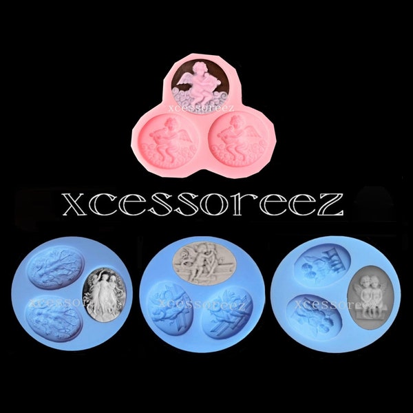 Food Grade Silicone Winged Cherubs & Angel Cameo Molds: Harp Cherub, The 3 Graces, Kissing Cherub, Cherubs on Bench.