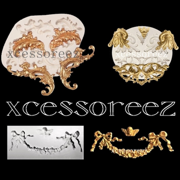 Food Grade Silicone Baroque Scroll, 4pc Hermes, Cherub w/Bow Swag Mold Sets for Sugarcrafts, Chocolate, Fondant, Gum Paste or Crafts.