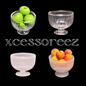 Dollhouse Miniature Glass Bowls: Clear Waffle Edge, Clear or White Pedestal Bowls