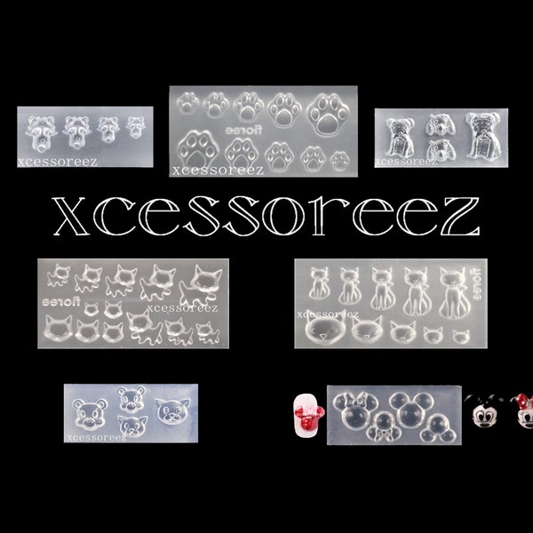 Miniature Silicone Molds: Dog Face, Paws N Claws, Poodles/Bulldog Pups, Kitty's, Sitting Cats, Cats'/Mice and "The Mouse" for Nail Art, ect.