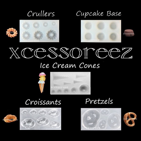 Dollhouse Miniature Soft White Silicone Faux Food Molds: Cruller, Cupcake Base, Ice Cream, Croissants, Pretzels, Resin, Clay, Jewelry, ect.