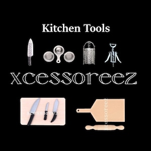 Dollhouse Miniature KITCHEN TOOLS: Knives, Egg Separator/Prep Bowls, Grater & Wood Cutting Boards